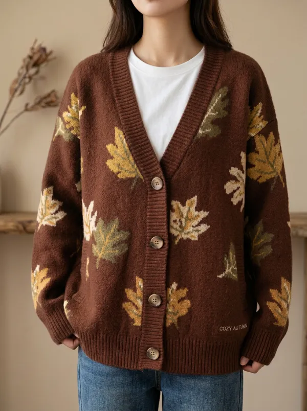 Artful Maple Leaf Pattern Patterned Women's Knit Cardigan