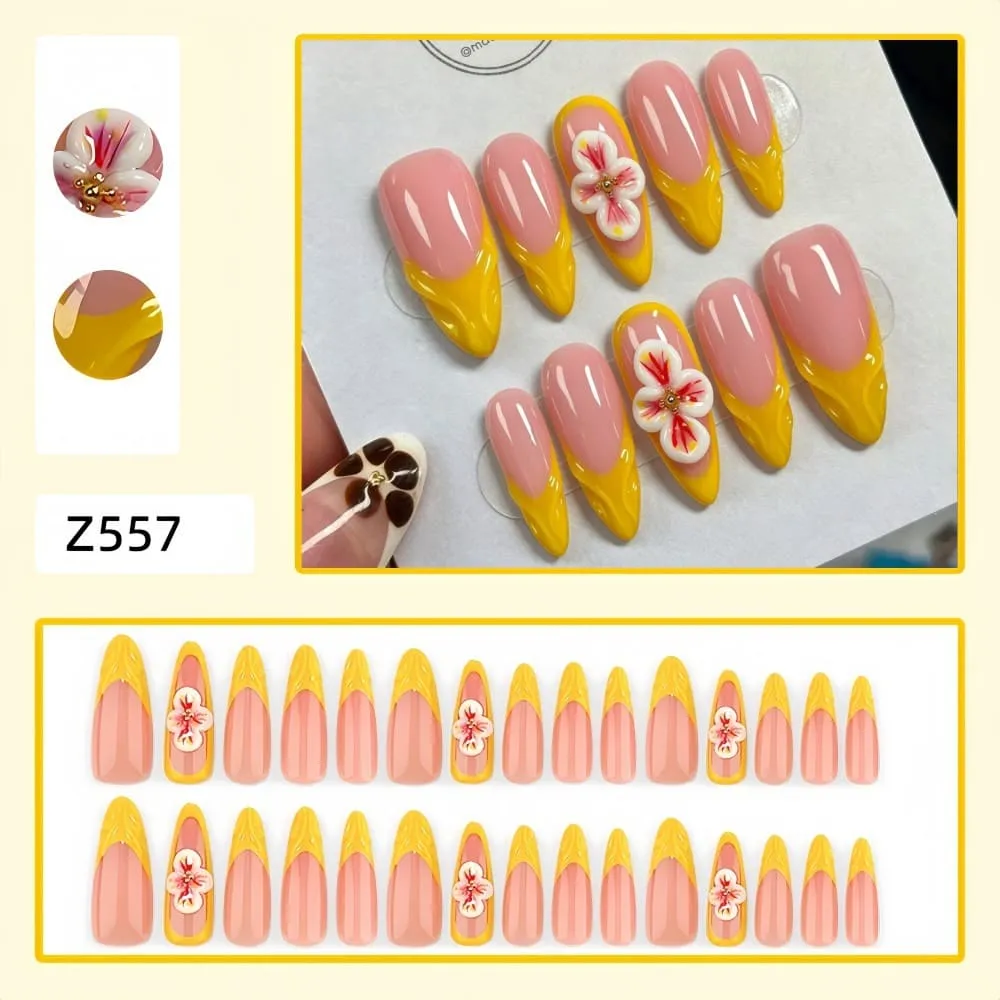 Nailhour 30Pcs Floral 3D Medium Almond Yellow Press On Nails