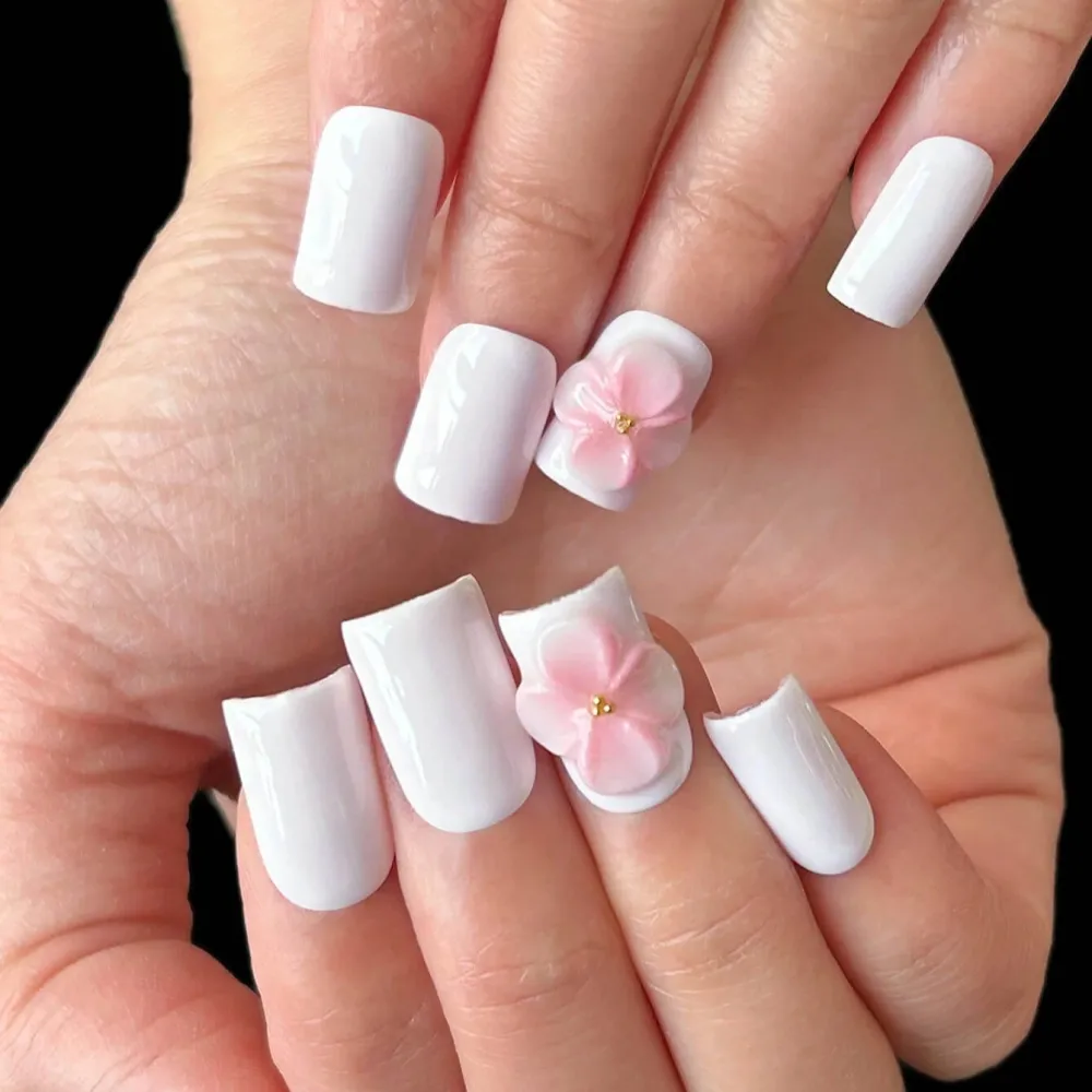 Nailhour 10Pcs Handmade Short Square Y2K Style Pink Flower Press On Nails