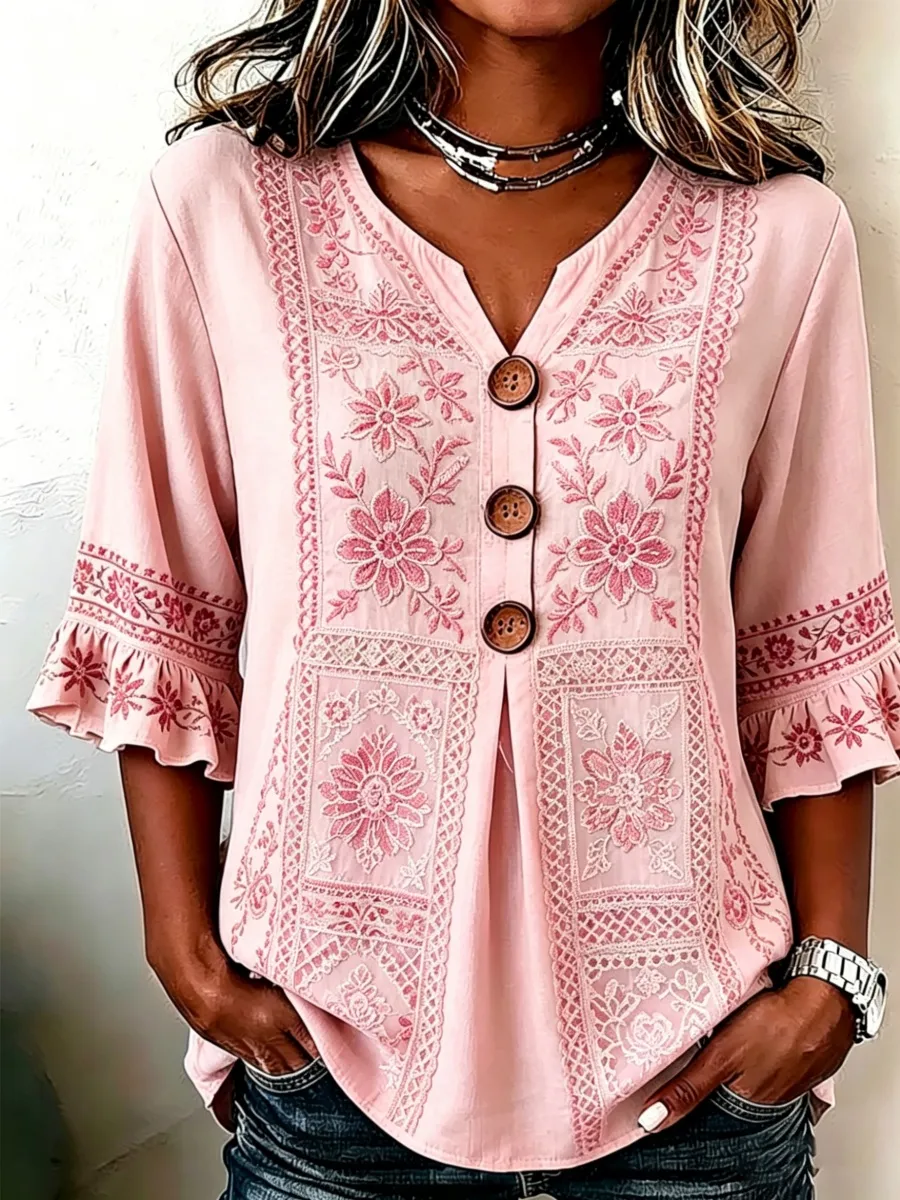 Vintage Lace Floral Embroidery Design Women's Linen Shirt