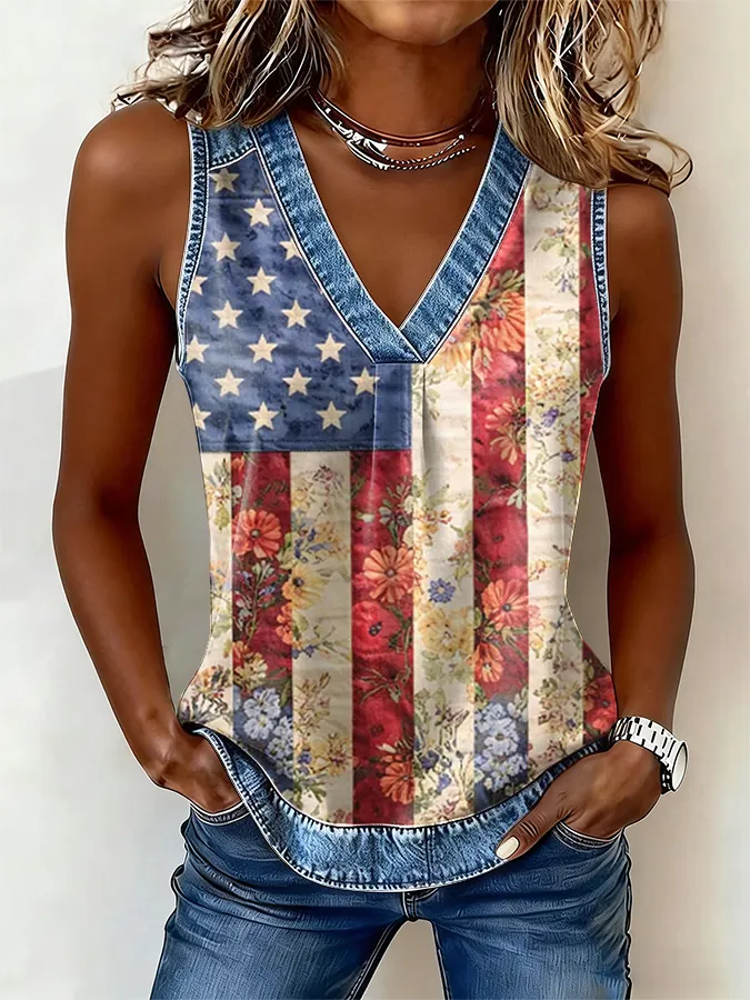 Women's USA Flag Floral Print Tank Top