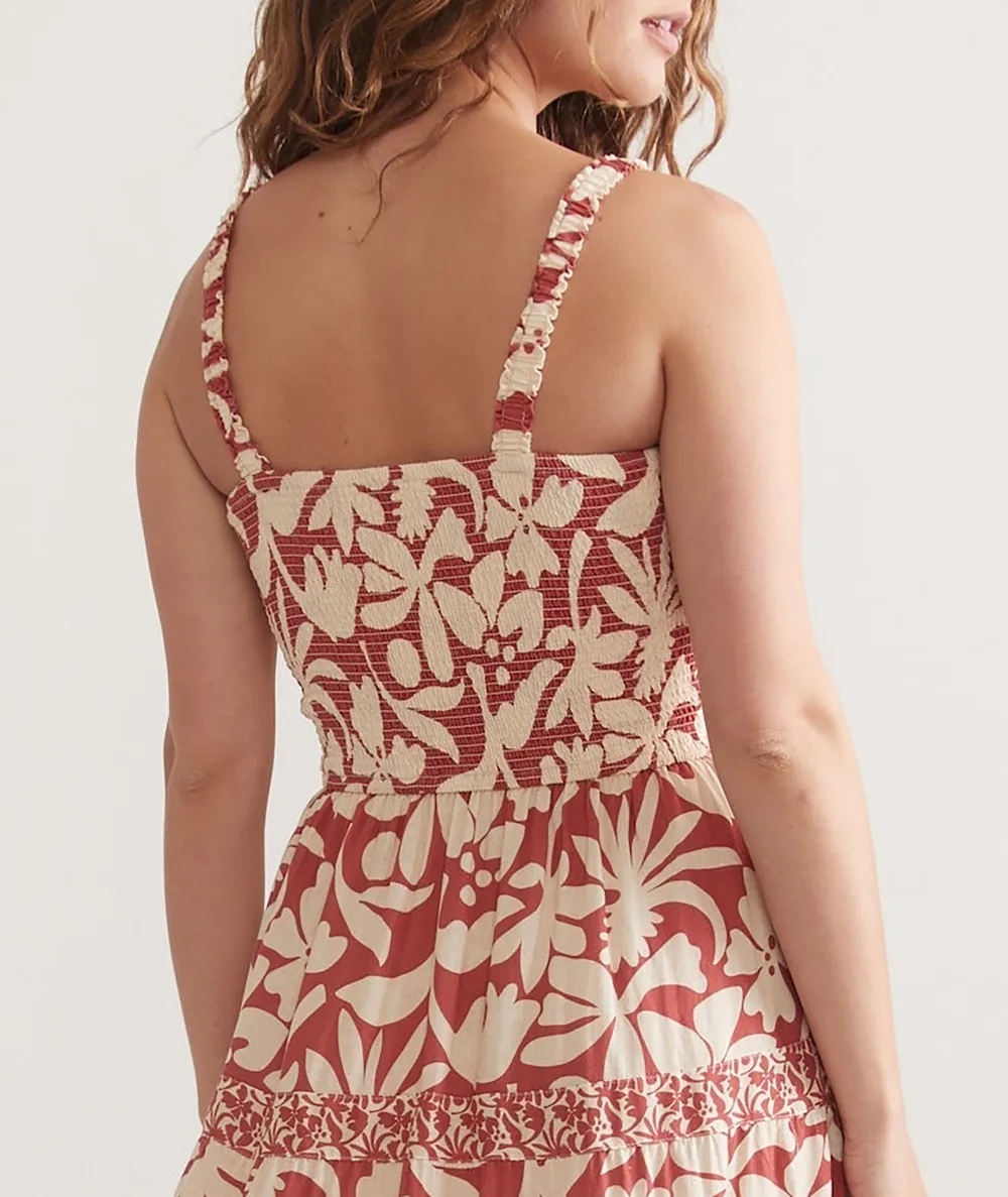 Auburn Leaf Print Tiered Maxi Dress