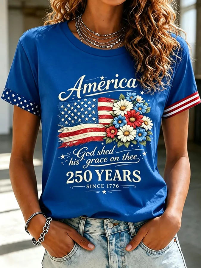 Women's Floral American Flag Printed Casual T-shirt