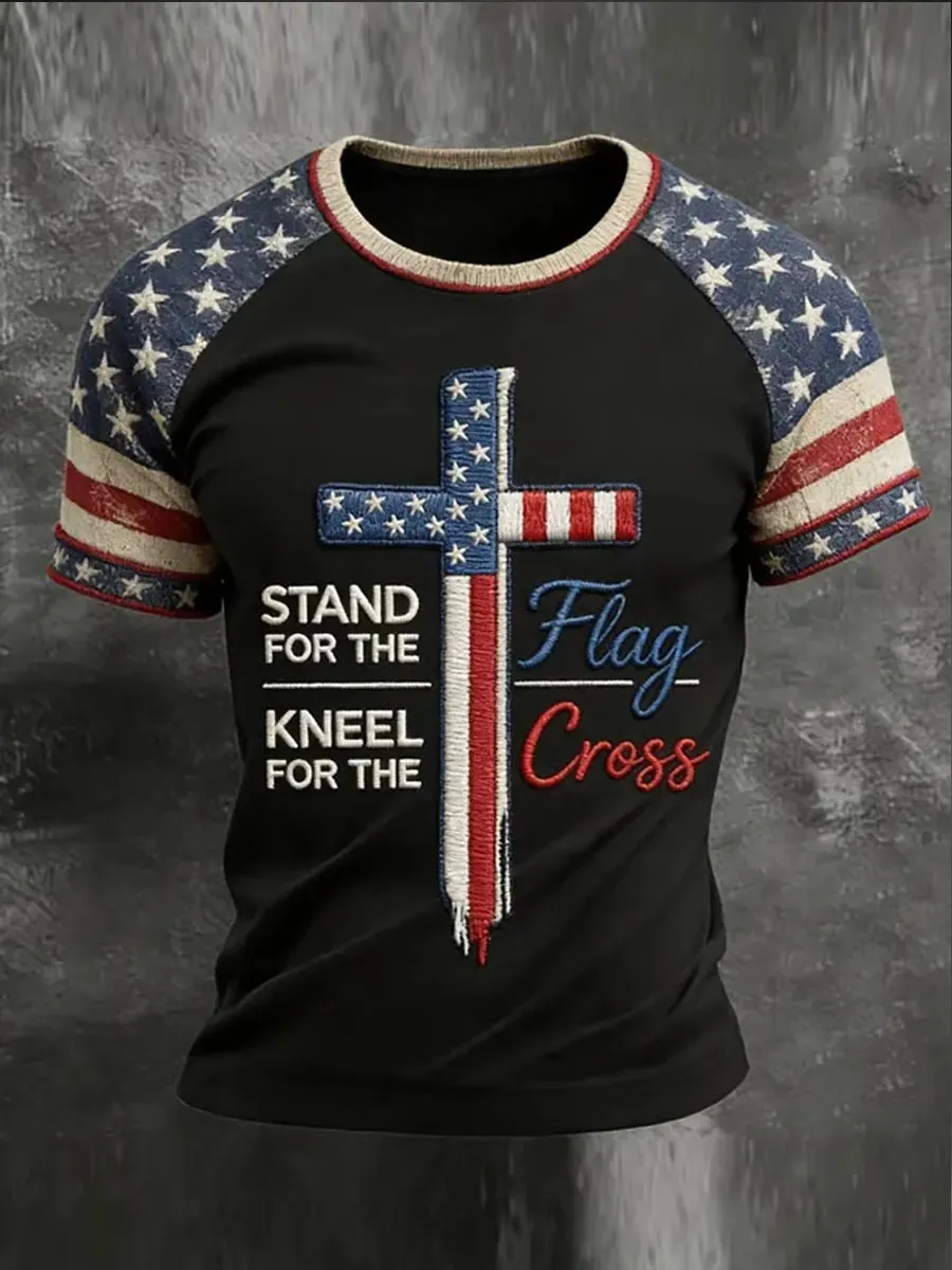 Men's Vintage Independence Day USA Flag Cross Print Short Sleeve T-shirt