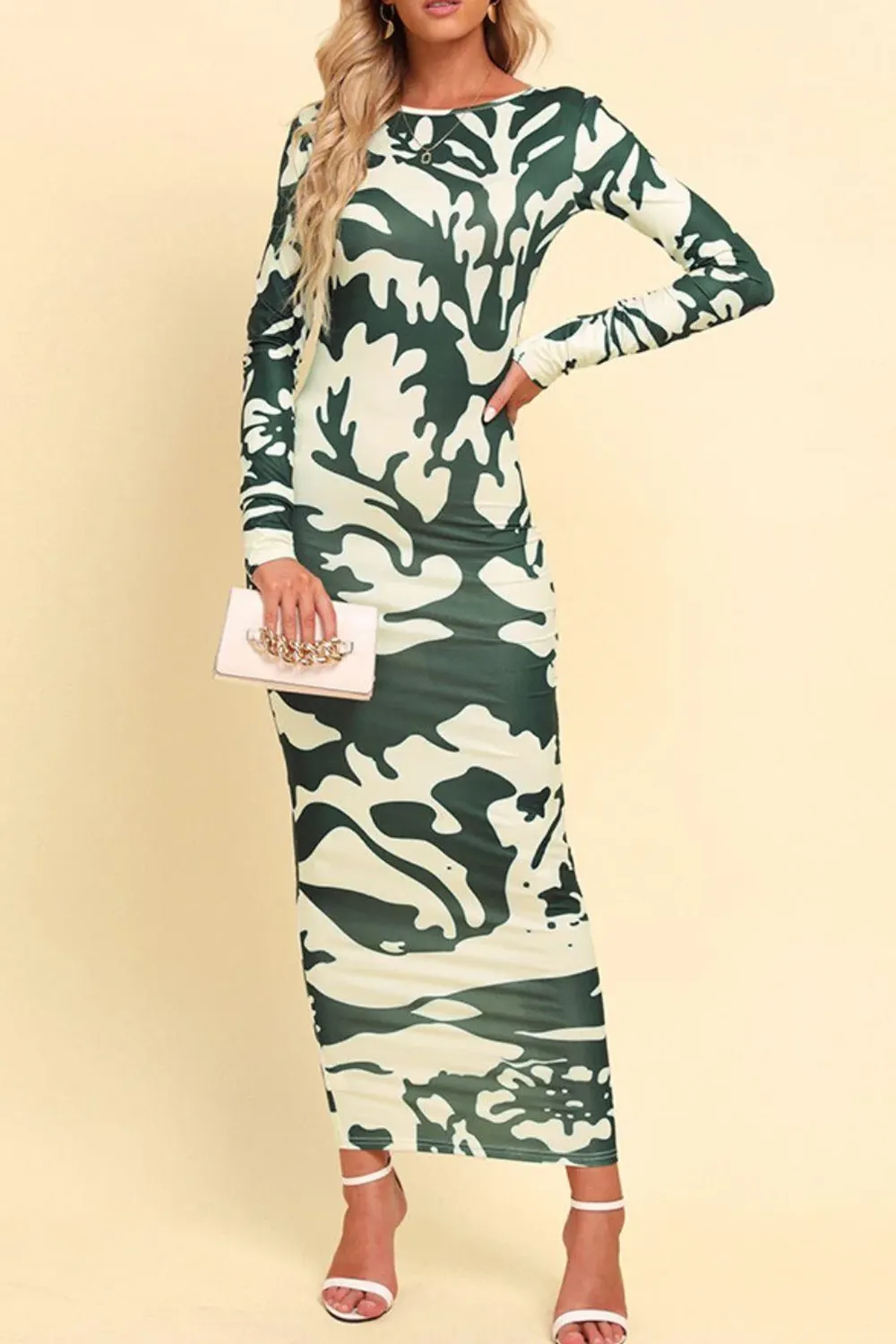 Artistic Personality Green Botanical Print Long Dress