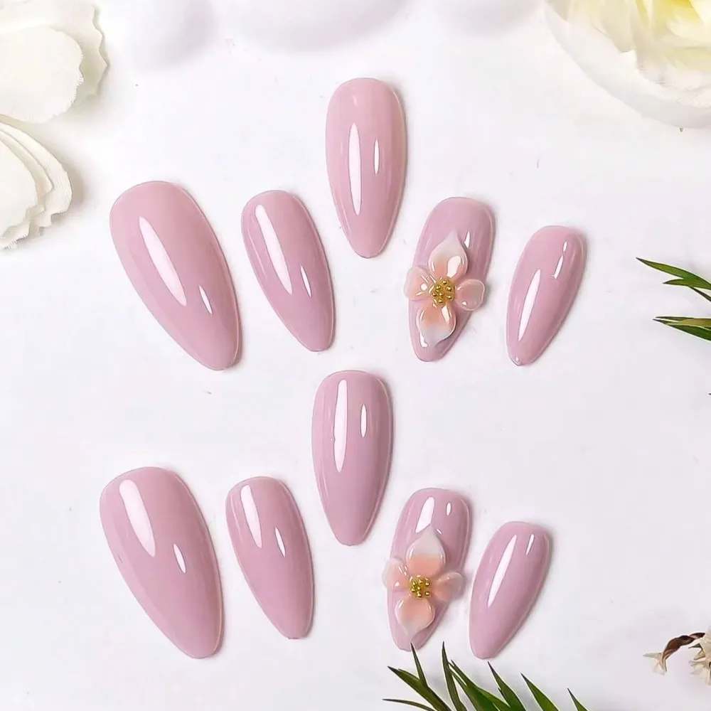 Nailhour 10Pcs Handmade Medium Almond 3D Purple Floral Nude Press On Nails