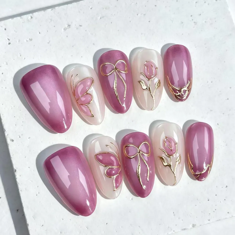 Nailhour 30Pcs Purple Cat Eye Floral  Medium Almond Press On Nails