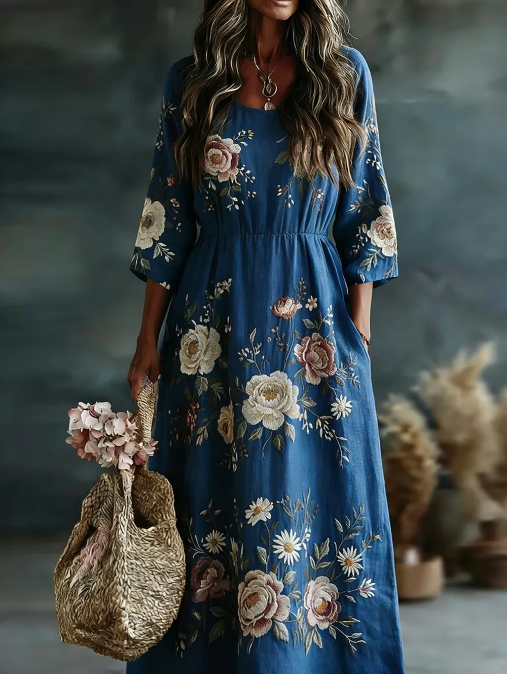 Vintage Floral Design Women's Linen Maxi Dress