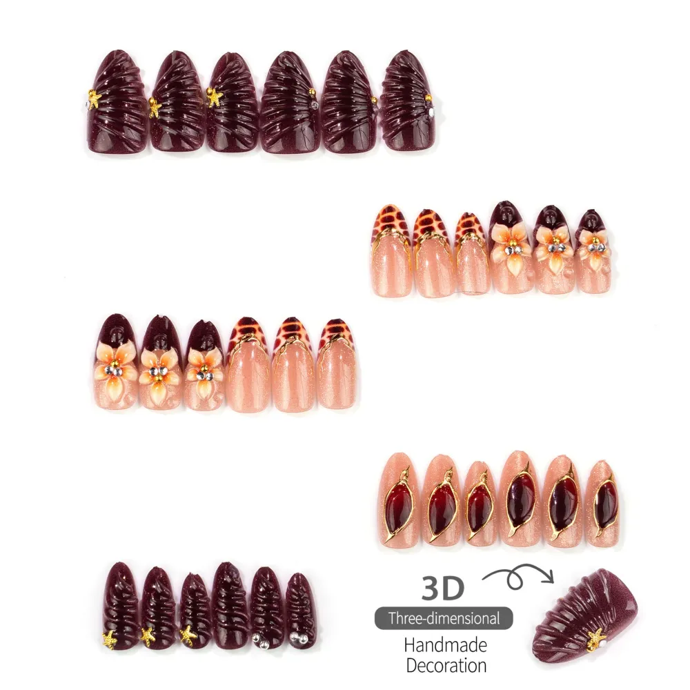 Nailhour 30Pcs Floral 3D Gradient Autumn Medium Almond French Press On Nails