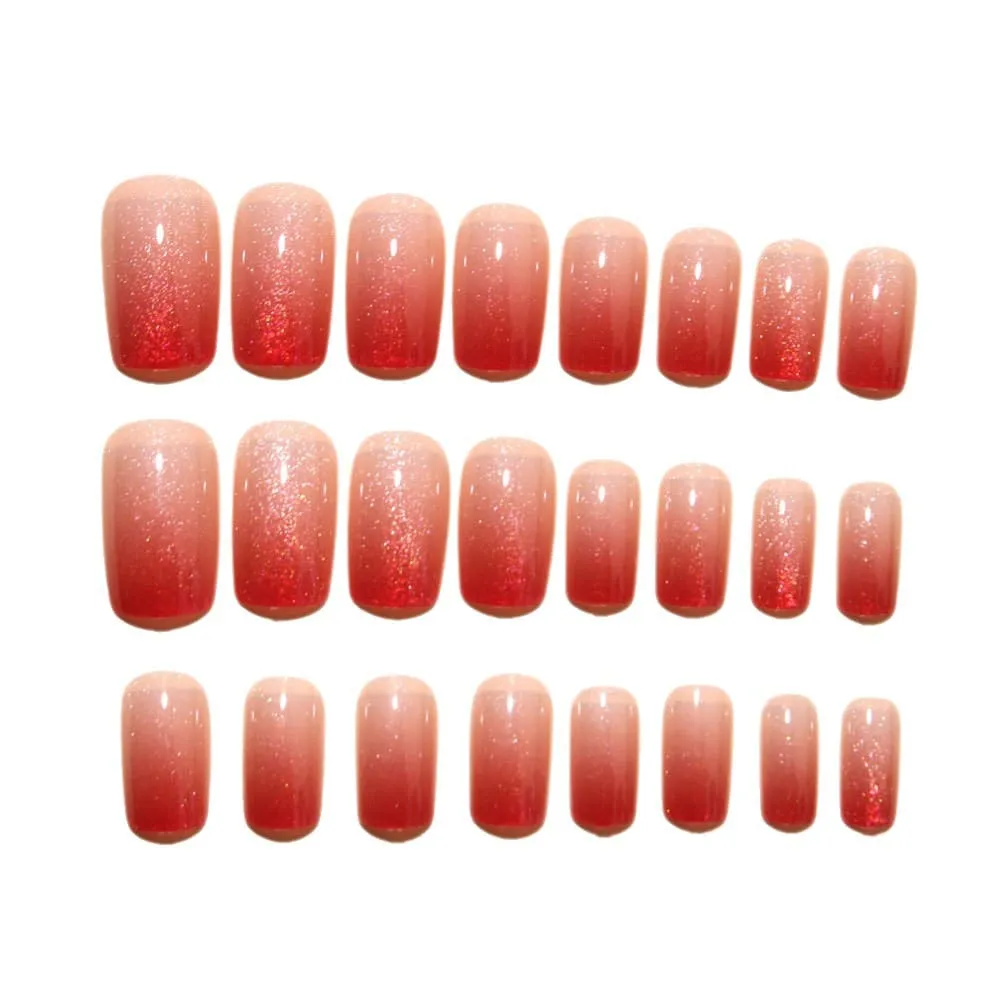 Nailhour 24Pcs Red Gradient Cat Eye Medium Square Press On Nails