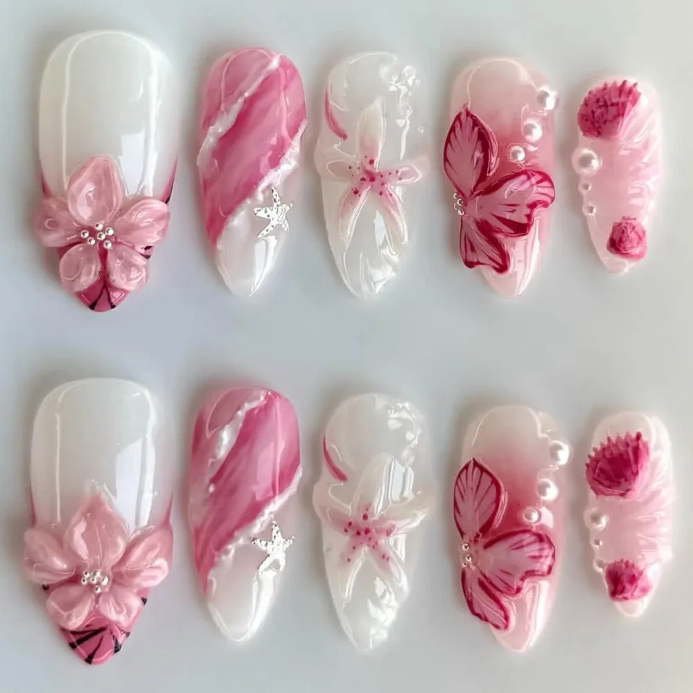 Nailhour 24Pcs Star Floral Pink 3D Medium Almond French Press On Nails