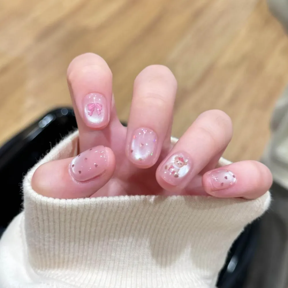 Nailhour 10Pcs Handmade Nude Cat Eye Short Squoval Press On Nails