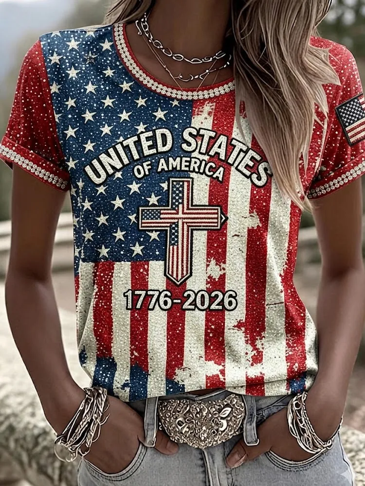 Women's casual American 250th anniversary celebration printed short sleeved T-shirt