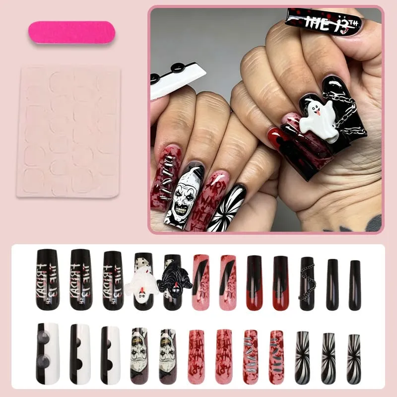 Nailhour 24Pcs Pumpkin Ghost Halloween Long Coffin Press On Nails