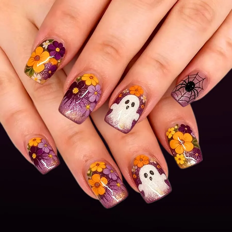 Nailhour 24Pcs Cute Ghost Halloween Multicolor Glitter Short Square Press On Nails