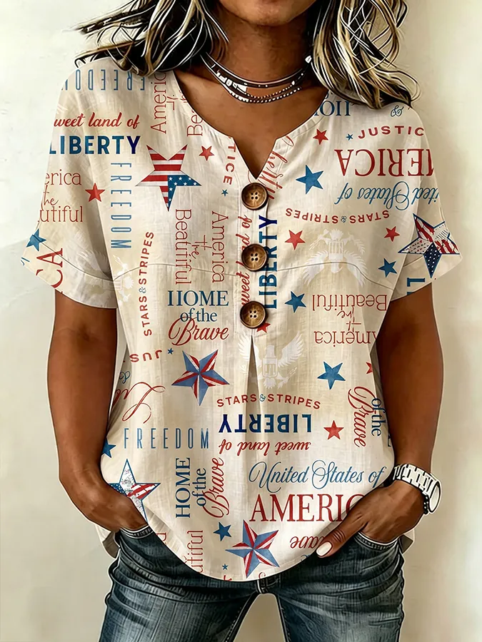 Women's Casual Patriot Cotton Linen Short-Sleeve Button-Up Shirt