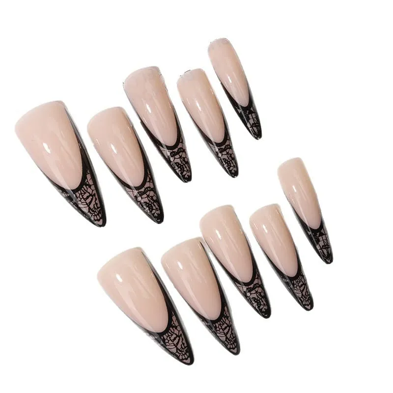 Nailhour 24Pcs Black Floral 3D Medium Almond French Lace Press On Nails