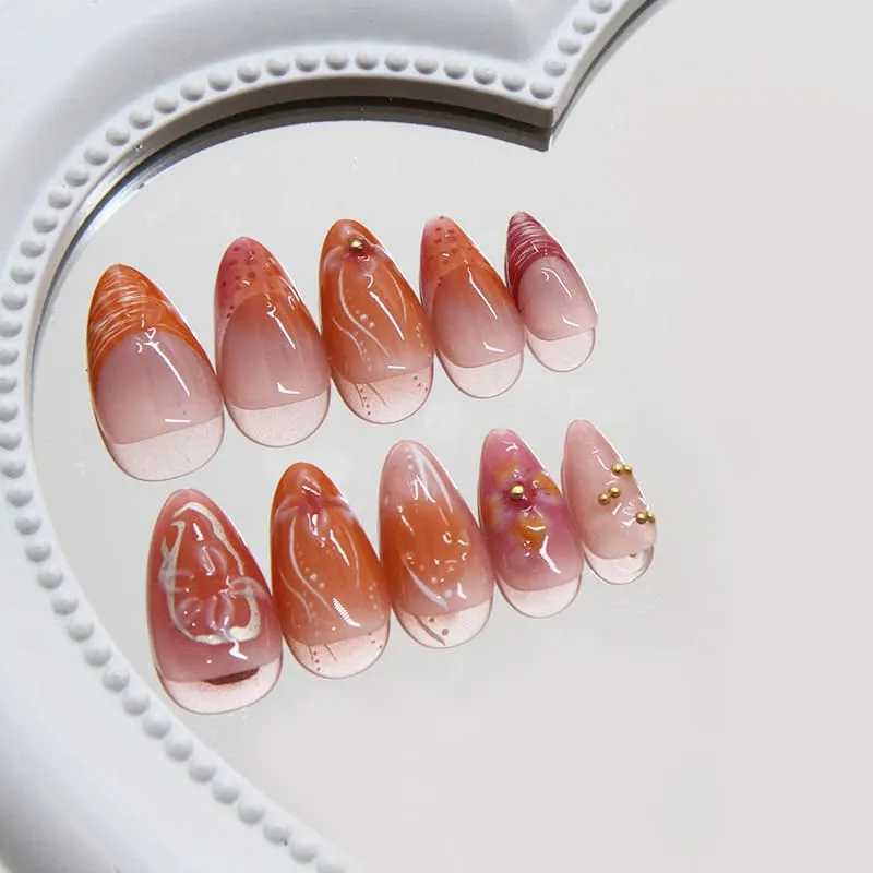 Nailhour 30Pcs 3D Medium Almond French Floral Press On Nails