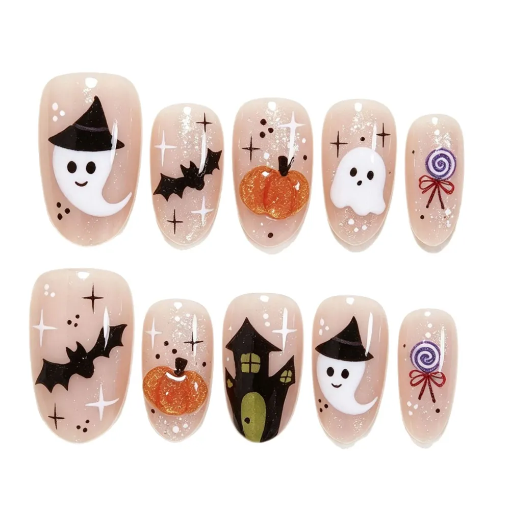 Nailhour 30Pcs Halloween Ghost Cute Medium Almond Press On Nails