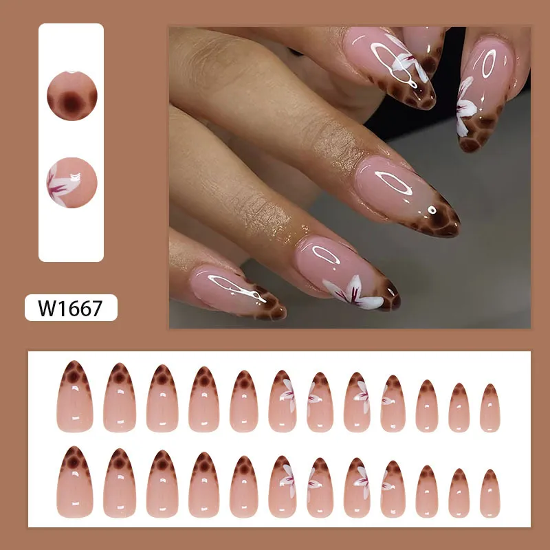 Nailhour 24Pcs Leopard Almond French Daily Press On Nails