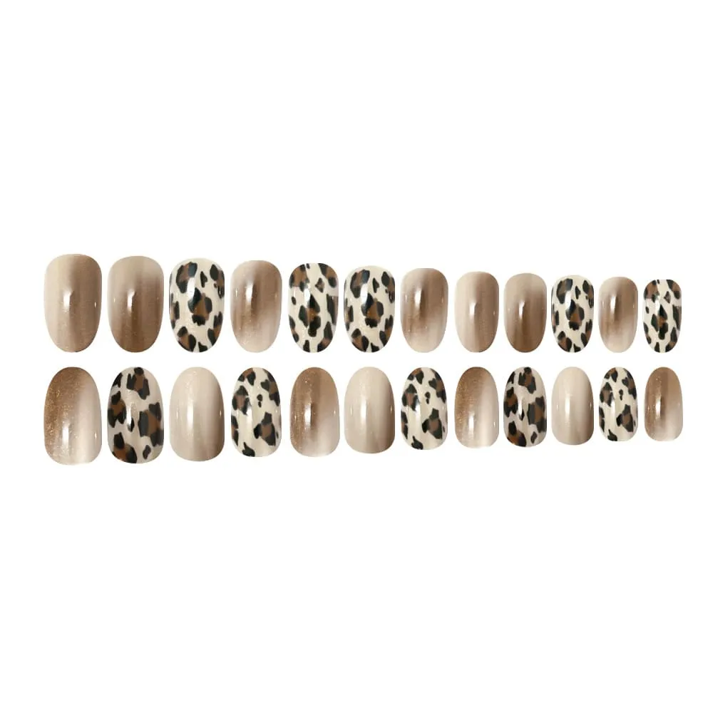 Nailhour 24Pcs Mailard Leopard Print Medium Oval French Press On Nails