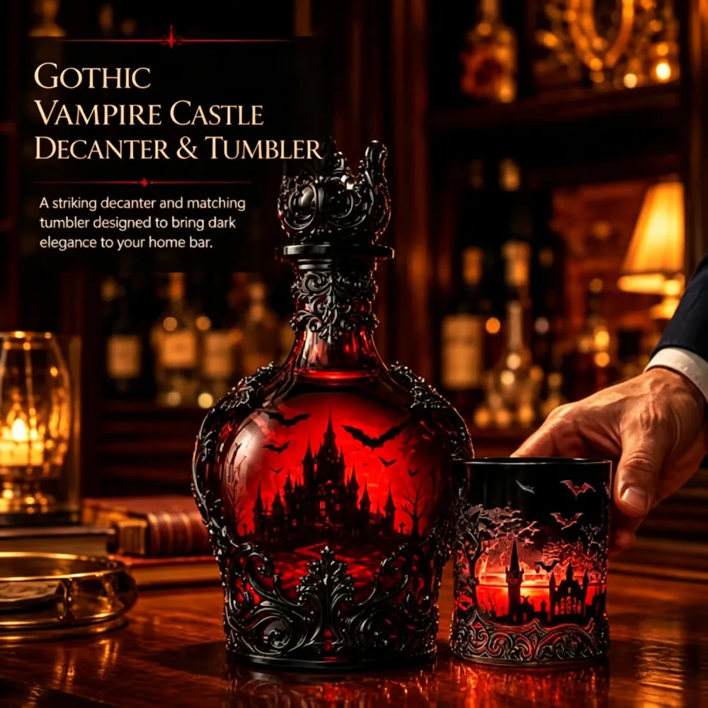 Halloween Dark Red Batwing Castle Decanter