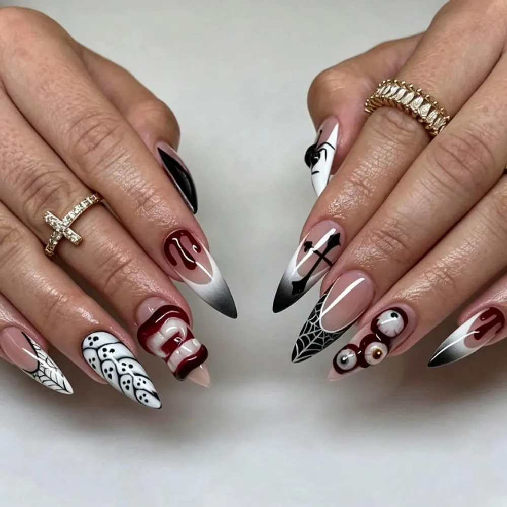 Nailhour 30Pcs Halloween 3D Chrome Long Almond Press On Nails