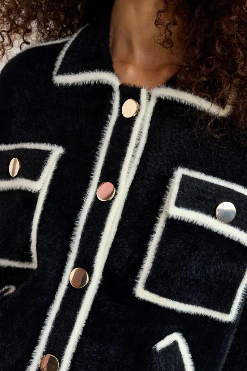 Contrast Trimmed Pocketed Knit Coats