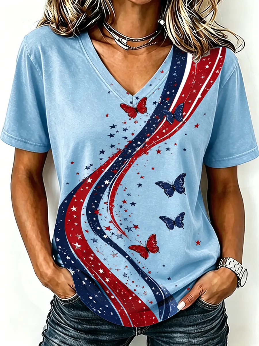 Women'S America Flag  Print Casual V-Neck T-Shirt