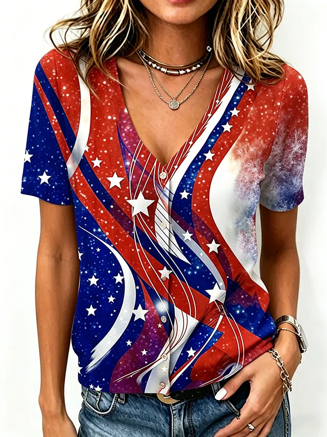 Women'S Patriotic Star Firework American Flag Print V Neck Casual Blouse