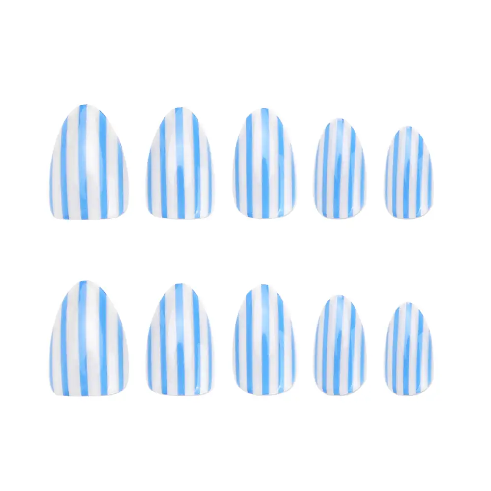 Nailhour 24Pcs Medium Almond Y2K Blue Striped Press On Nails