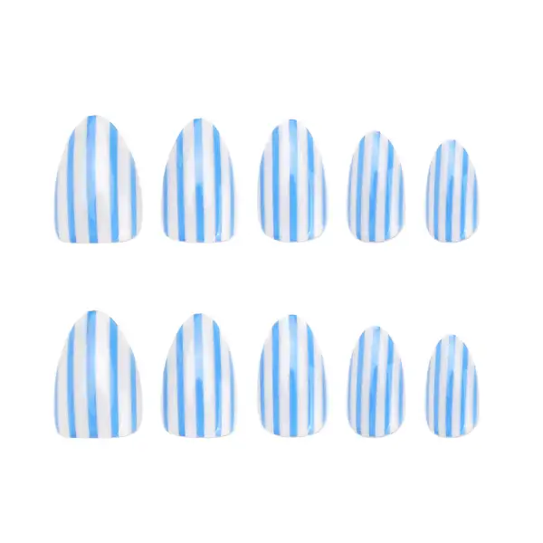 Nailhour 24Pcs Medium Almond Y2K Blue Striped Press On Nails