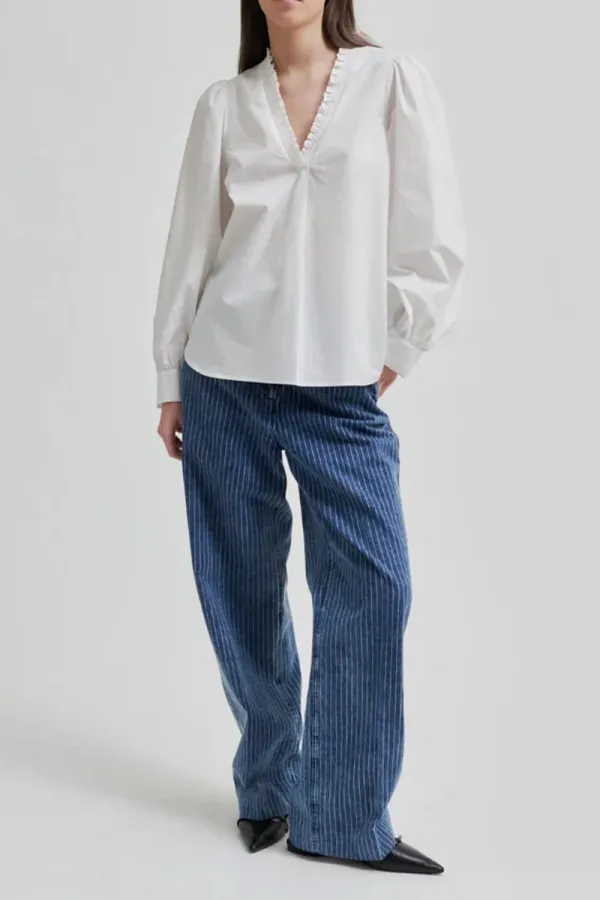 Ruffled V-Neck Puff Sleeve Shirts