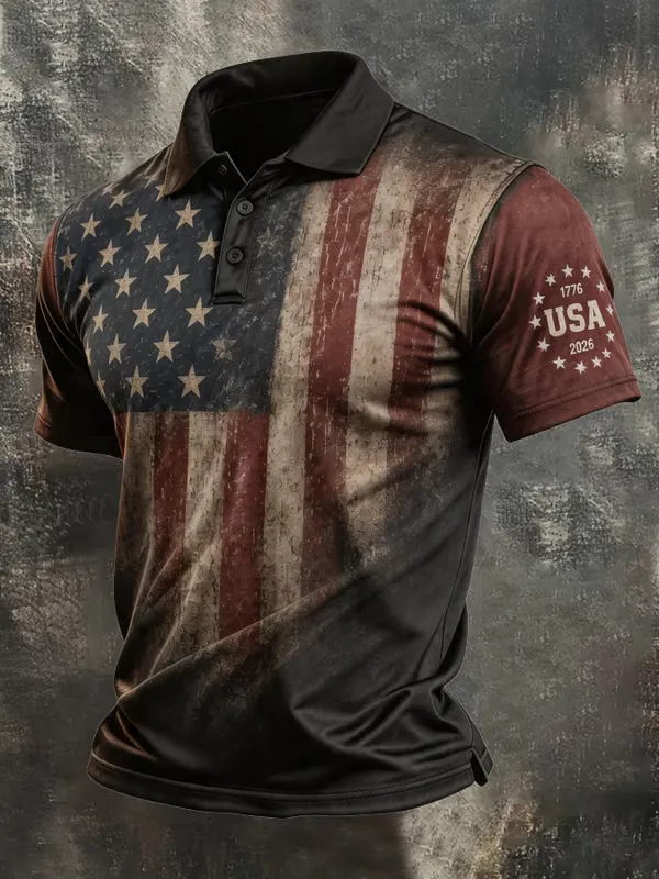 Men'S America Flag Print Casual Polo Shirt