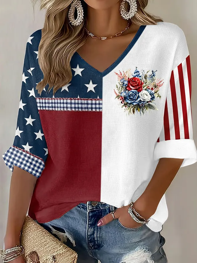 Women'S Retro Independence Day Art Printed Casual T-Shirt