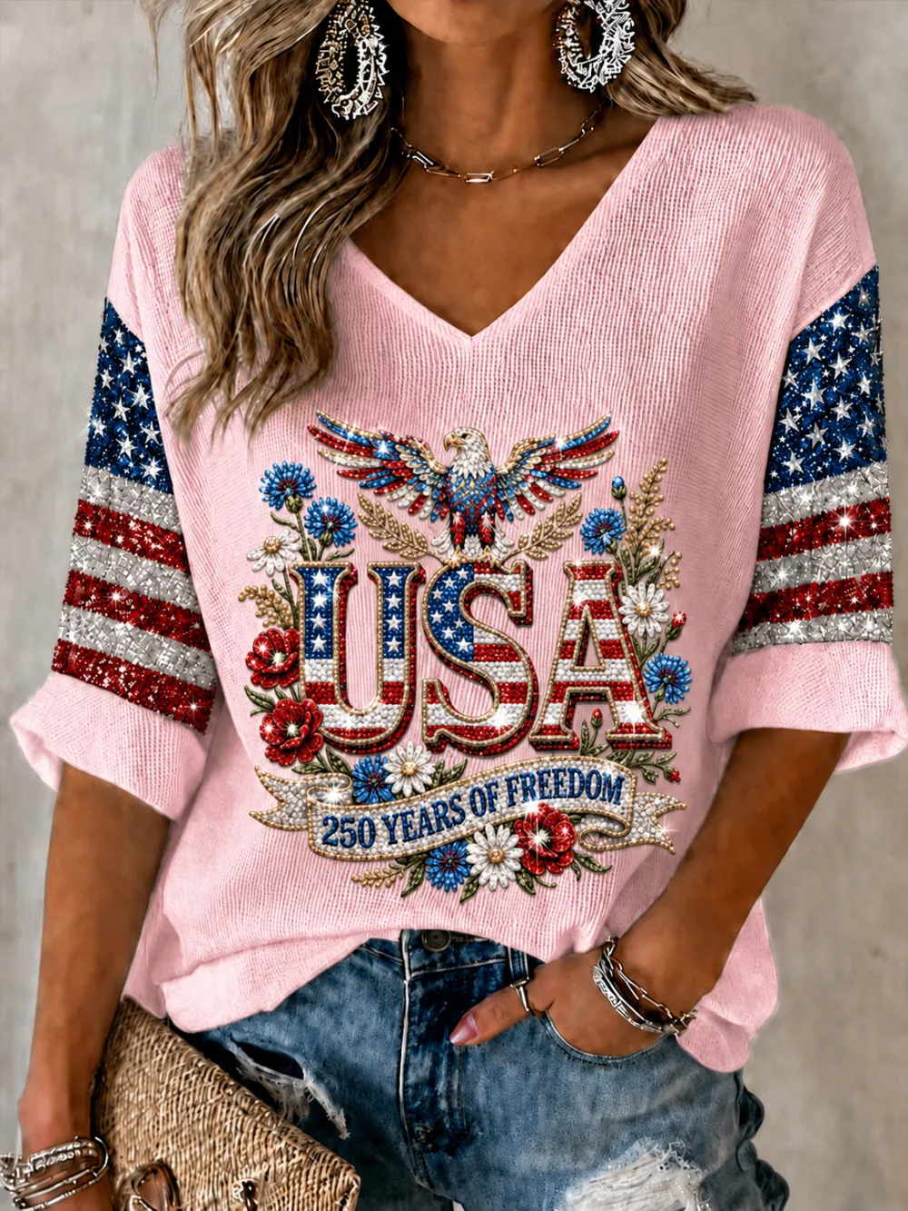 Women'S Retro Independence Day Art Printed Casual T-Shirt