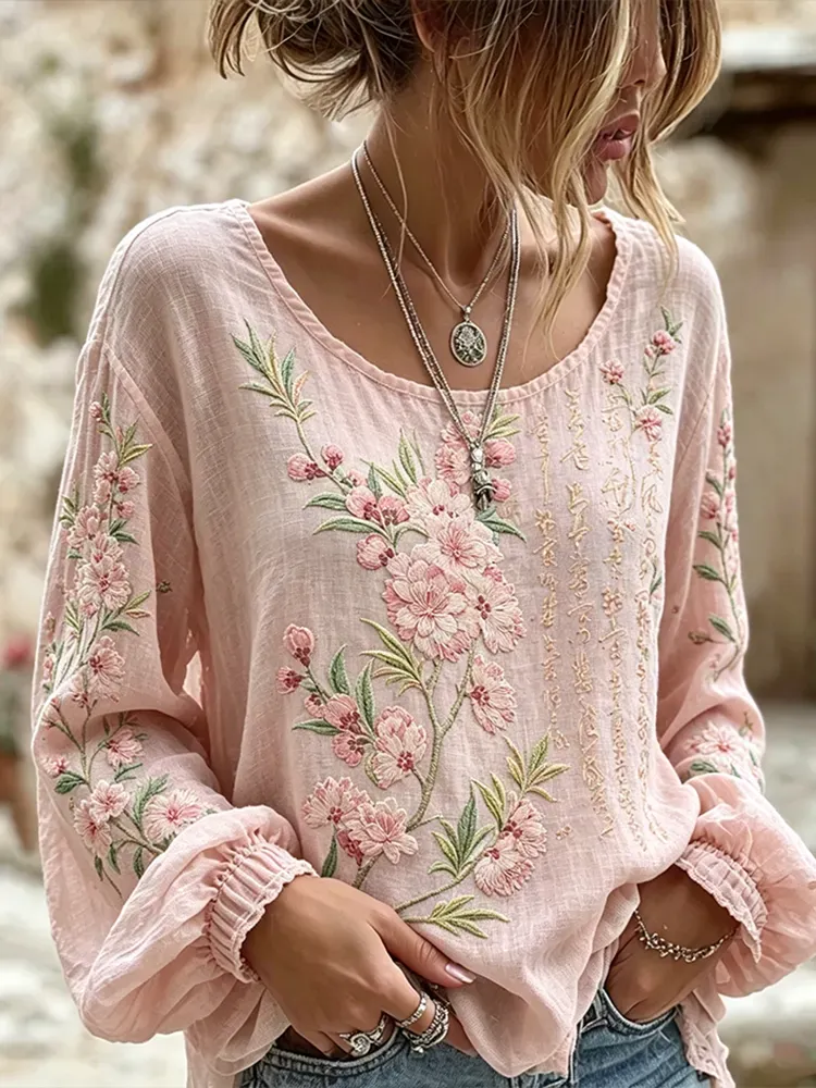 Women's floral fresh round neck top