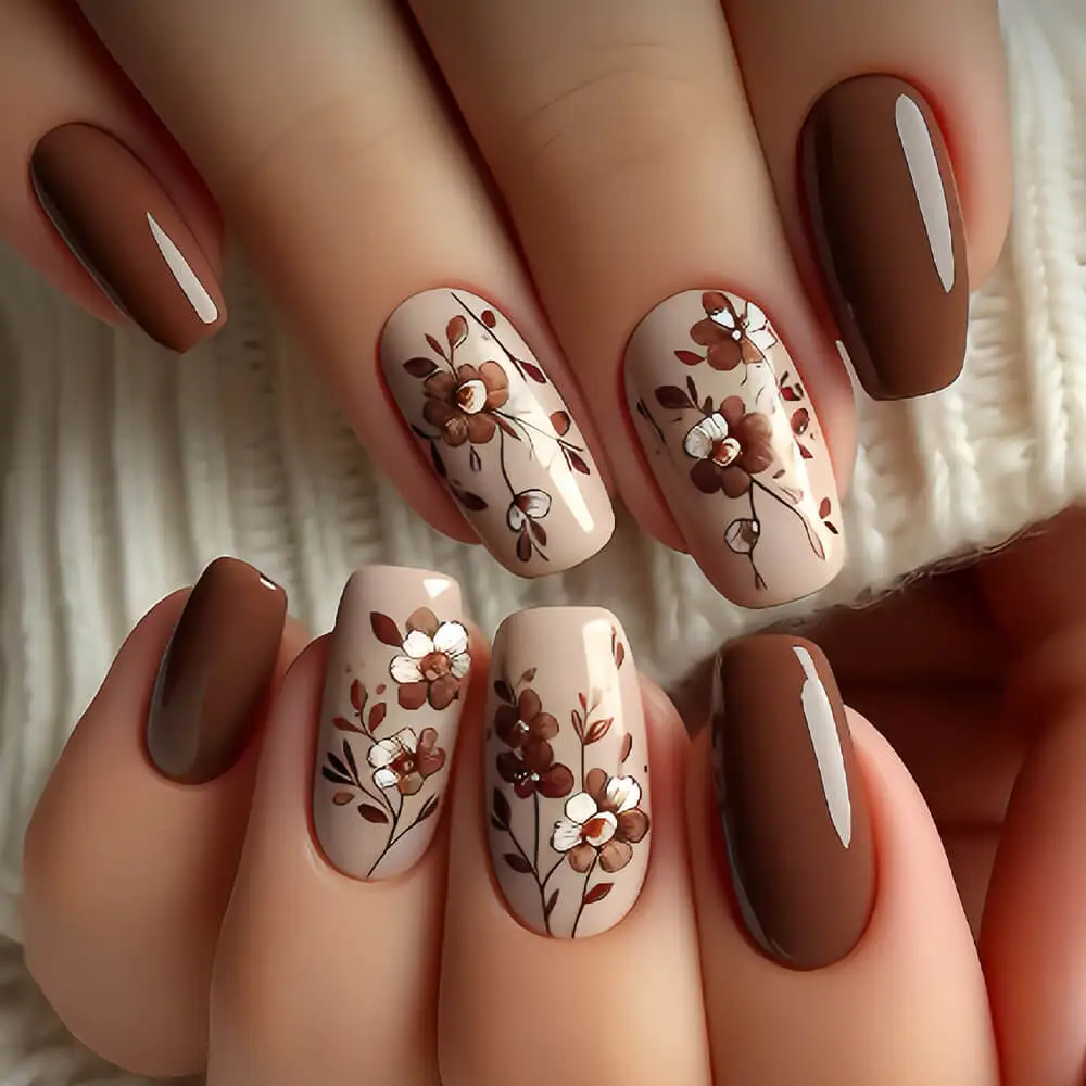 Nailhour 24pcs Autumn Floral Medium Square Press On Nails