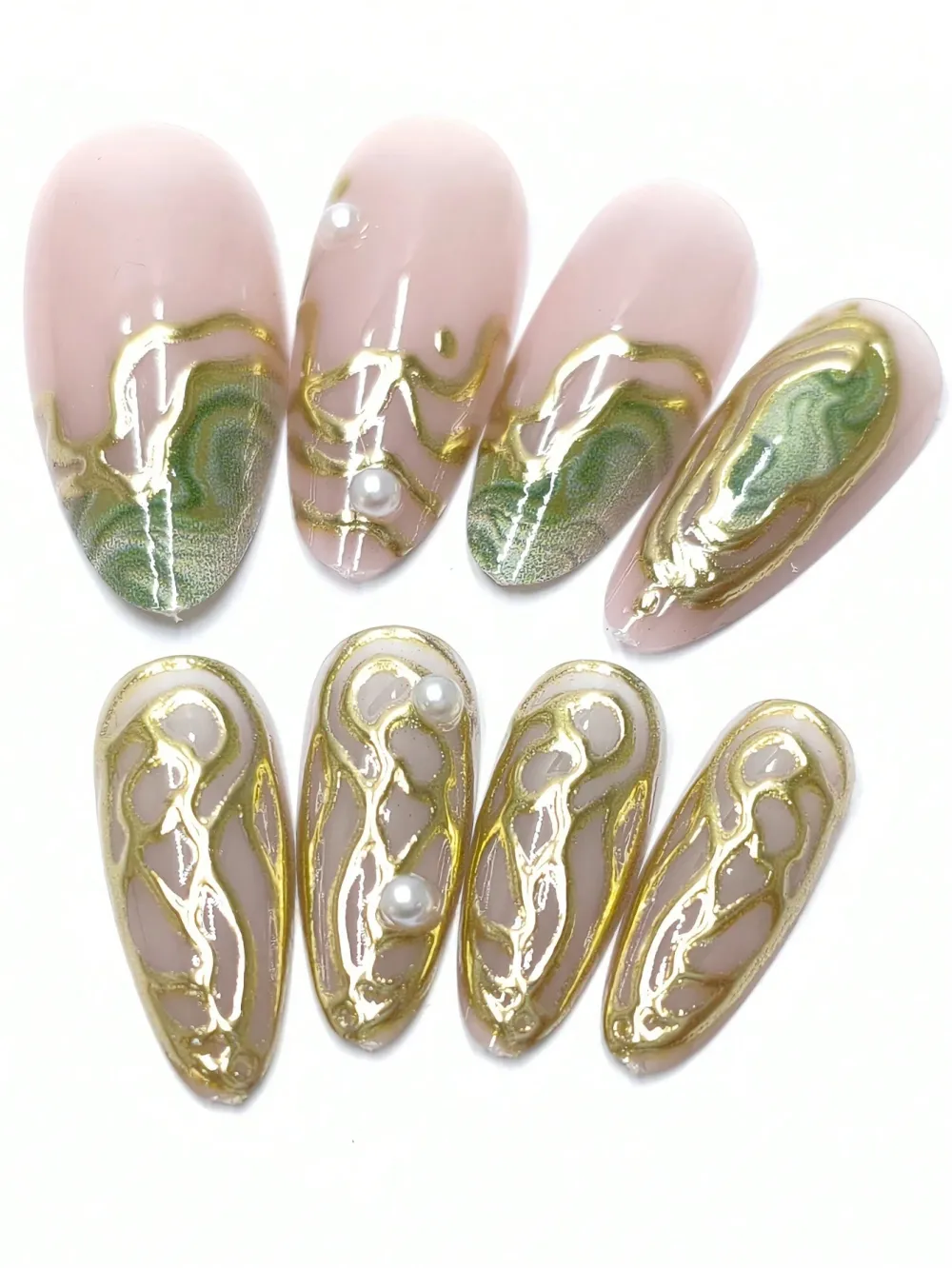 Nailhour 24pcs Green Gemstone Pearl Dopamine Color Scheme Almond Press On Nails