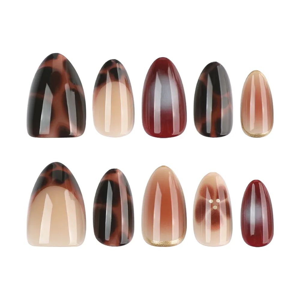 Nailhour 24Pcs Tortoiseshell Autumn/Winter Color Medium Almond French Press On Nails