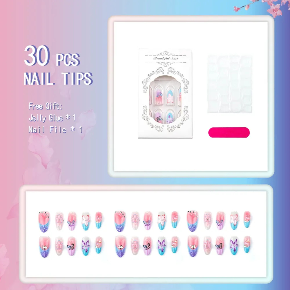 Nailhour 30Pcs Floral 3D Medium Almond Pink Purple French Press On Nails