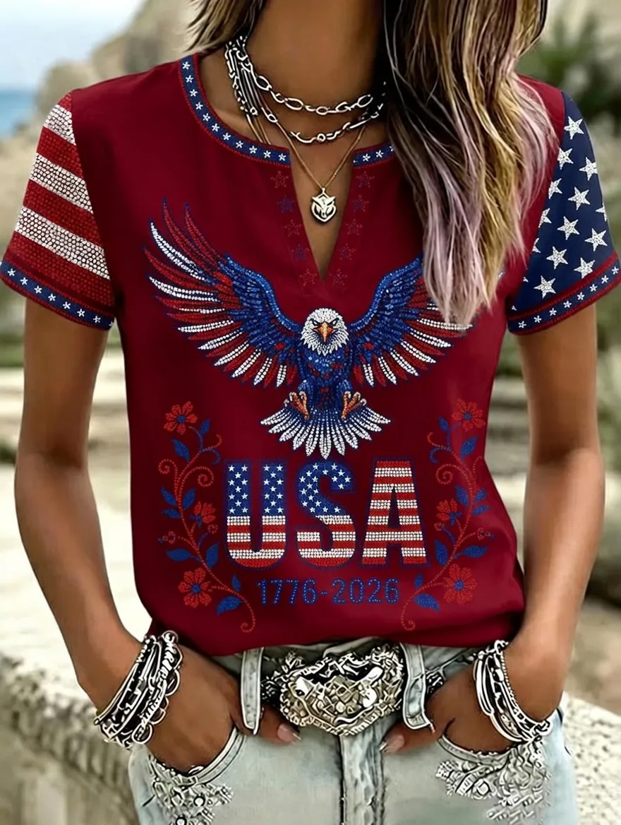 Women'S Casual Cotton Linen American Independence Day Floral Art Printed Short Sleeved T-Shirt