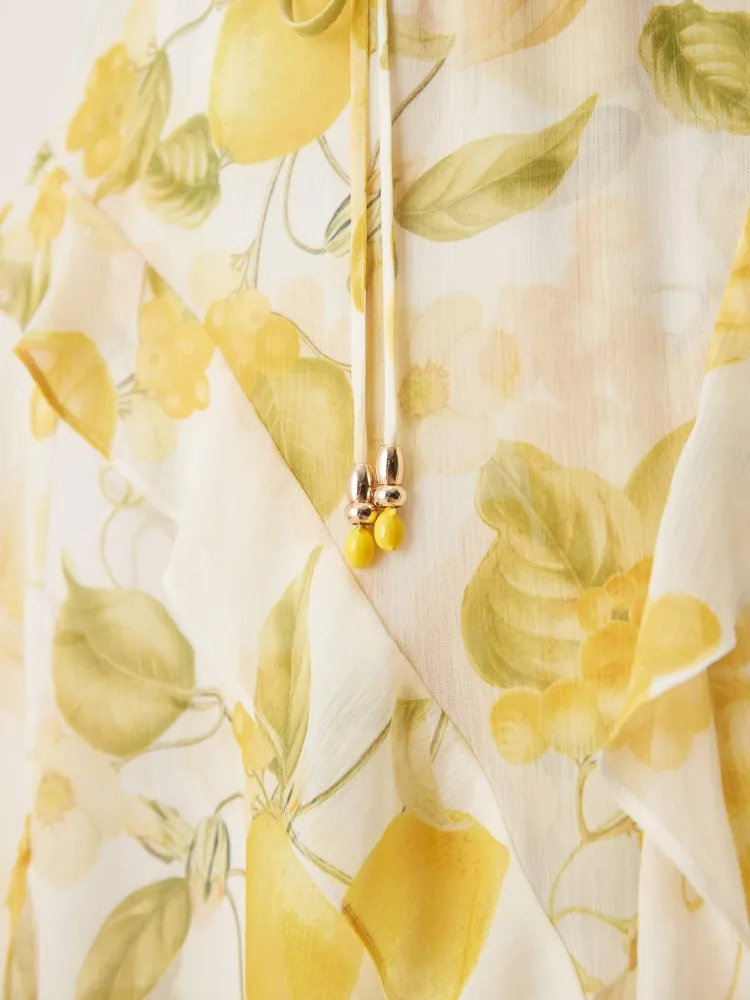 Lemon Print Notched Midi Dress