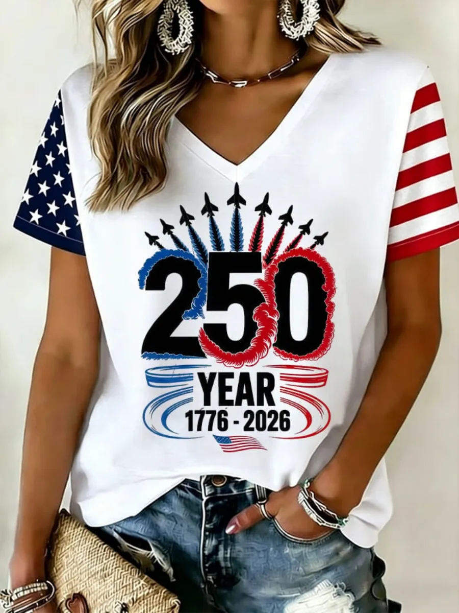 Women's 250 Years of America 1776-2026 Independence Day V Neck T-Shirt