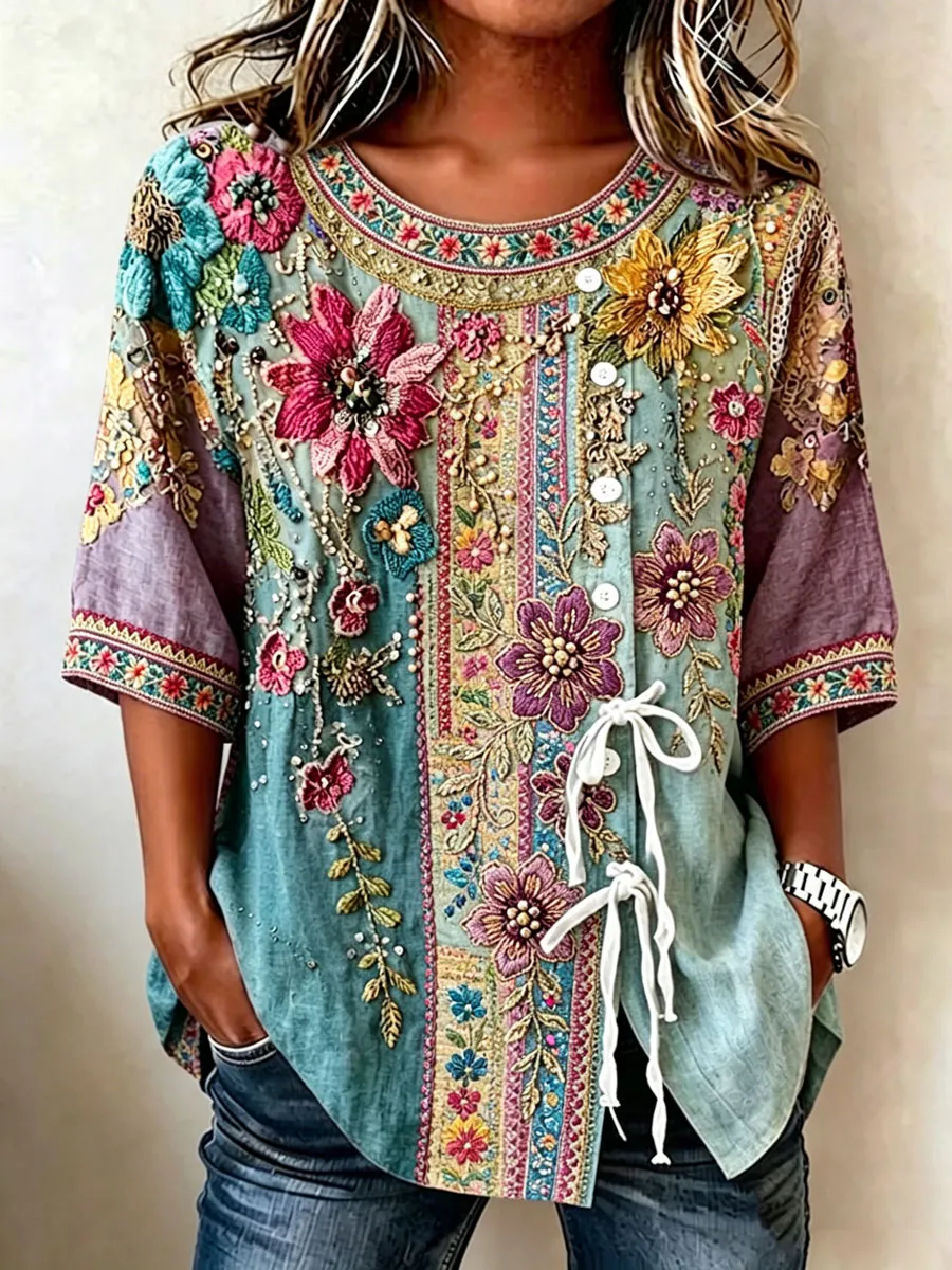 Women'S Casual Print Cotton Linen Top