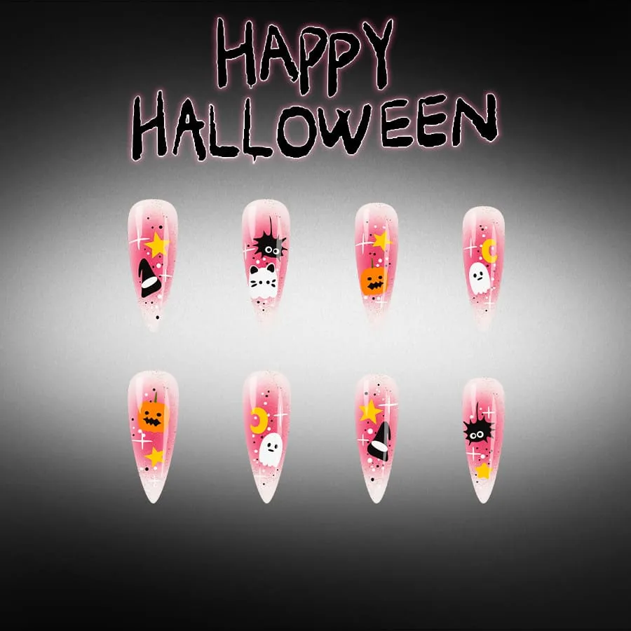 Nailhour 24Pcs Pink Halloween Cute Ghost Long Almond Press On Nails