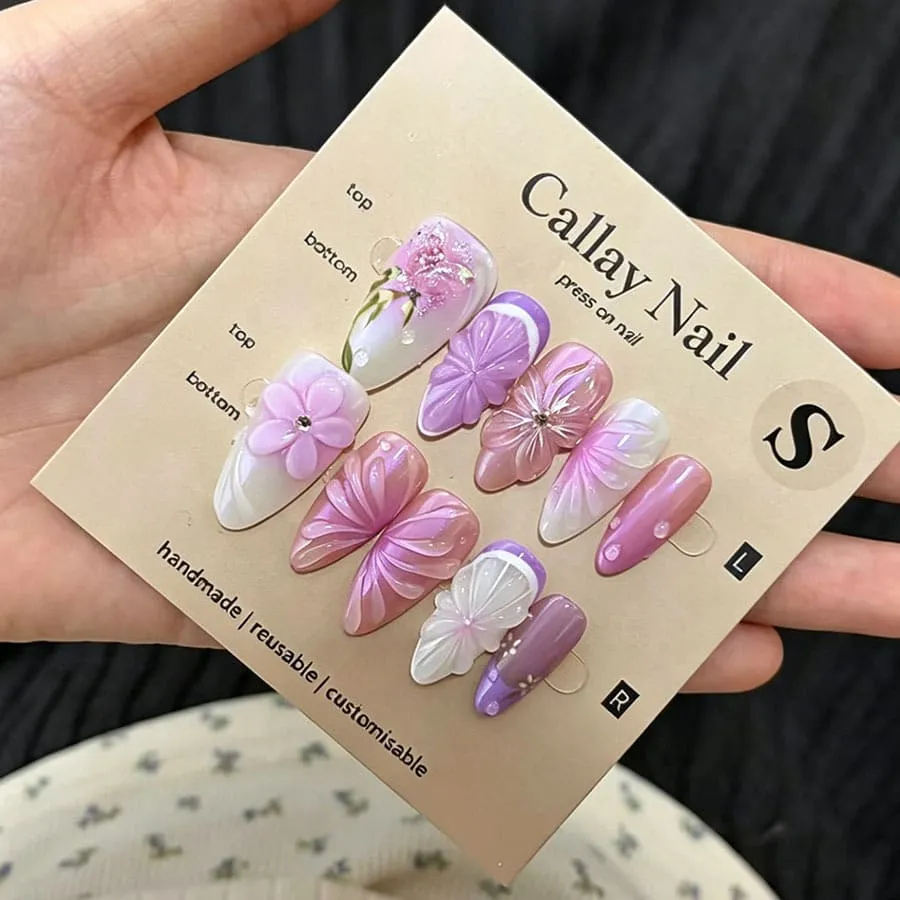Nailhour 30Pcs Floral Purple 3D Medium Almond French Press On Nails