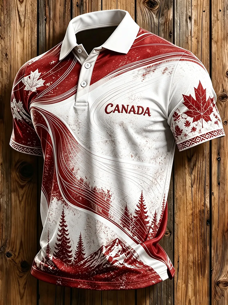 Men's Canada Maple Leaf Mountain Print Polo Shirt