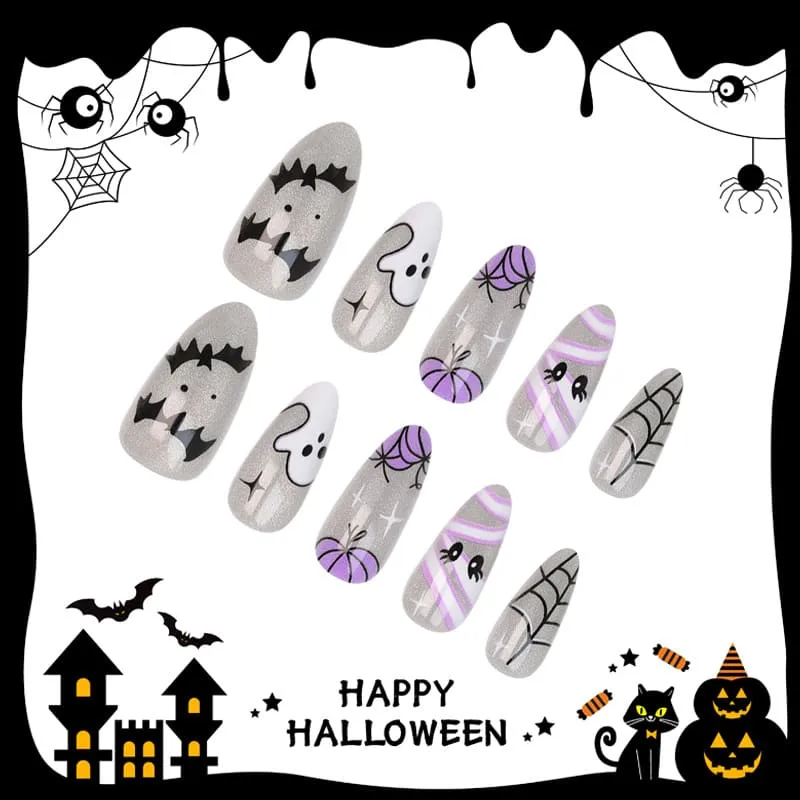 Nailhour 30Pcs Halloween Cat Eye Medium Almond French Press On Nails
