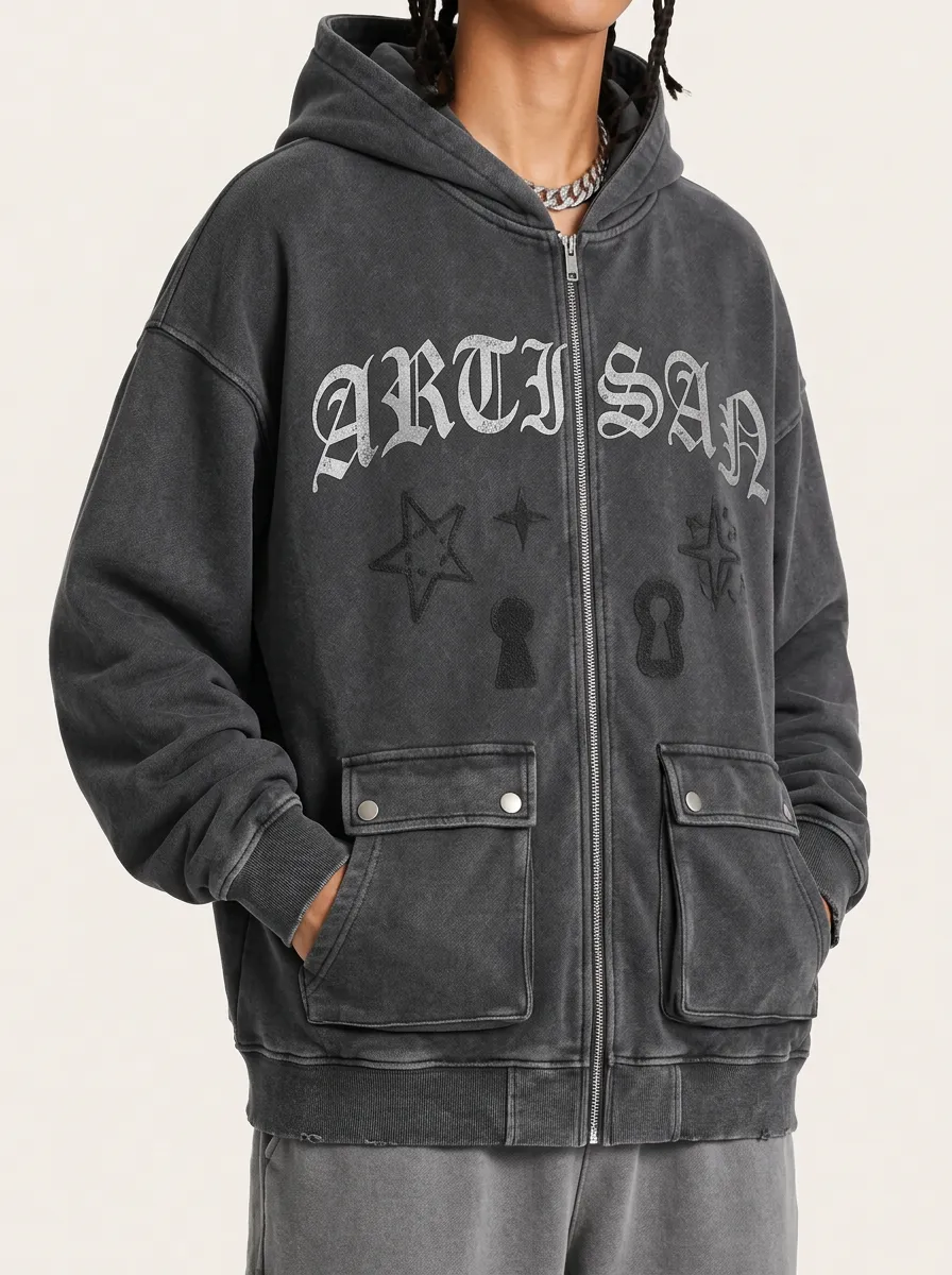 Men's Gothic Artisan Star Keyhole Graphic Printed Zip-up Hoodie